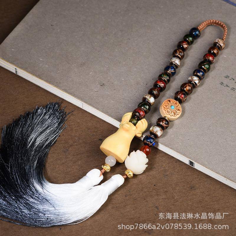 藏式香灰琉璃车挂件汽车平安车挂饰品流苏黄杨木饰品挂饰白玉莲花