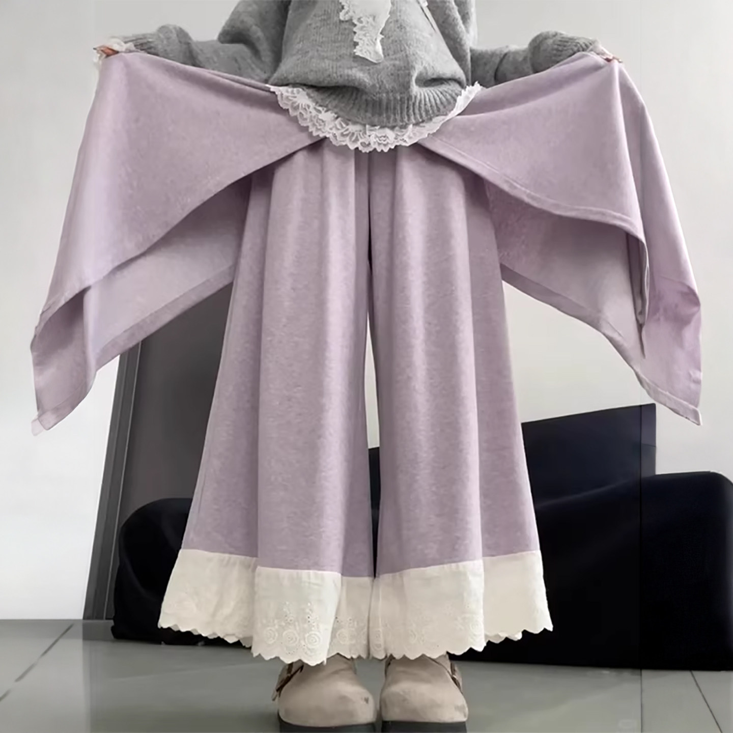 紫色裙裤假两件女秋冬梨形报恩裤小个子高腰垂感直筒蕾丝阔腿裤子,女装/女士精品,休闲裤,淘宝优惠券,粉丝福利购,淘宝优惠卷