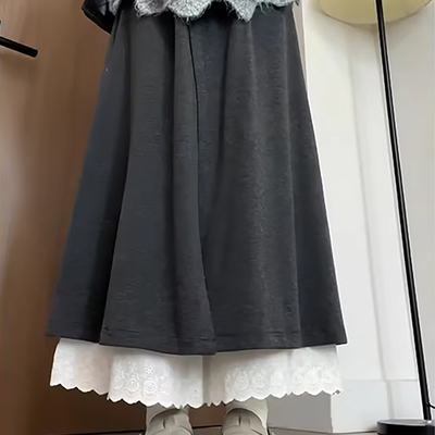 深灰色蕾丝花边裙裤女秋冬2025新款糯米裤垂坠感软糯小个子阔腿裤