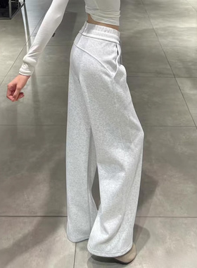 白灰色高腰抽绳lulu同款运动裤女秋冬季2025新款加绒阔腿卫裤美式