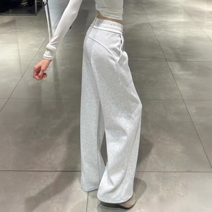 运动裤 美式 女秋冬季 加绒阔腿卫裤 2025新款 白灰色高腰抽绳lulu同款
