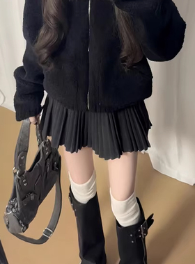 黑色毛呢百褶裙女秋冬2025新款小个子梨形伯克利裙子高腰半身短裙
