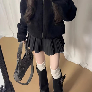 黑色毛呢百褶裙女秋冬2026新款小个子梨形伯克利裙子高腰半身短裙