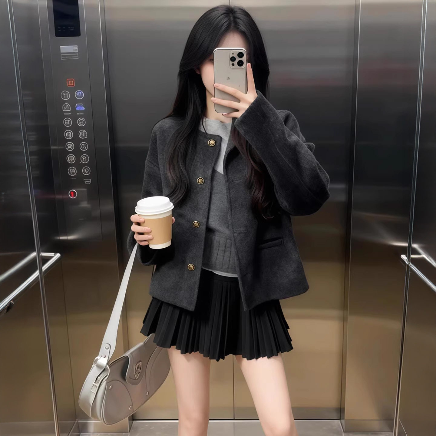 灰色毛呢百褶裙女秋冬2025