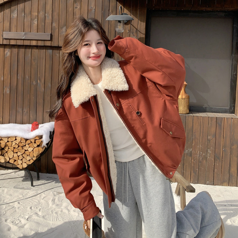 韩系羊羔毛领短款派克羽绒服女2025冬季小个子减龄白鸭绒红色外套