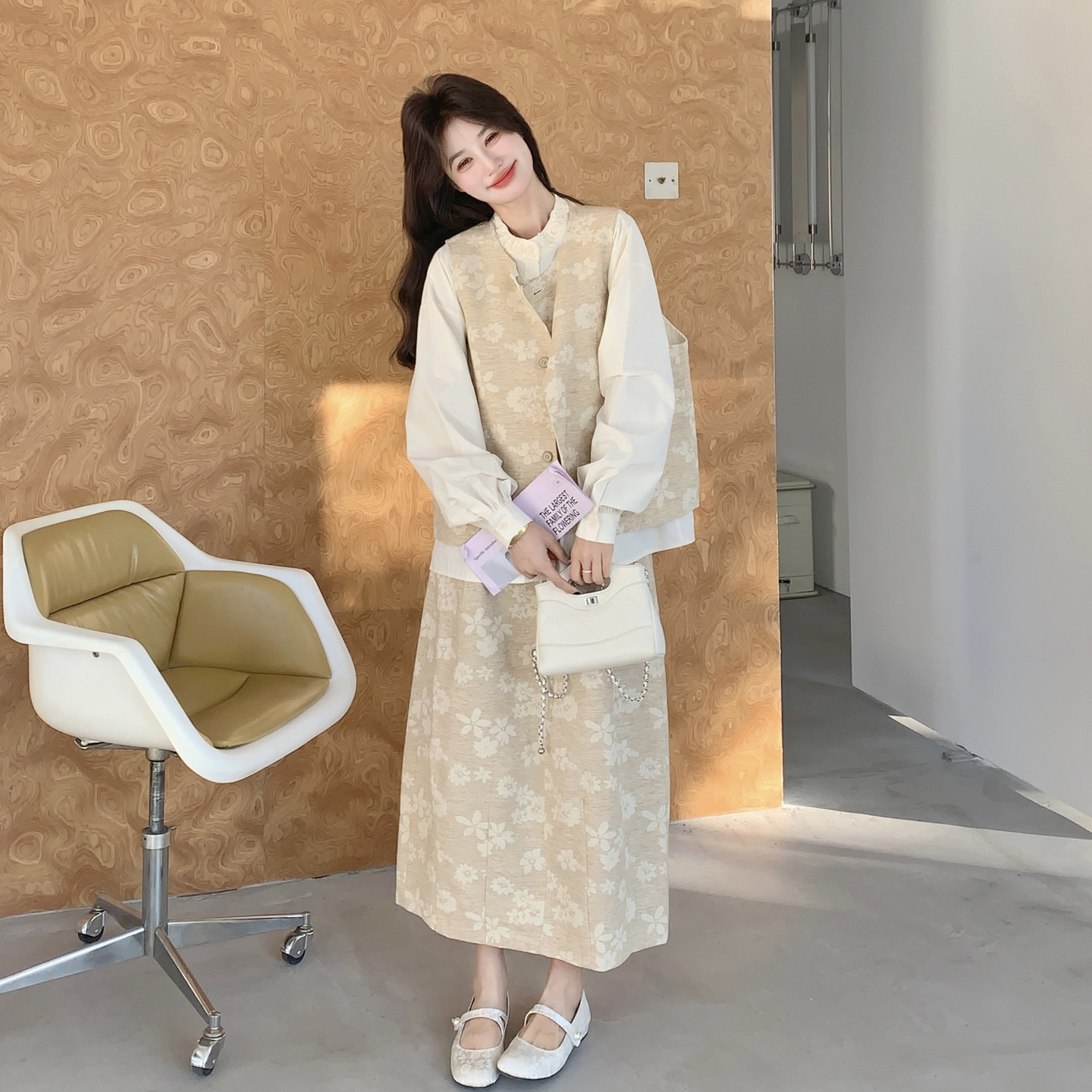 新中式风印花正反两面穿马甲半身裙套装女2026冬季新款三件套穿搭