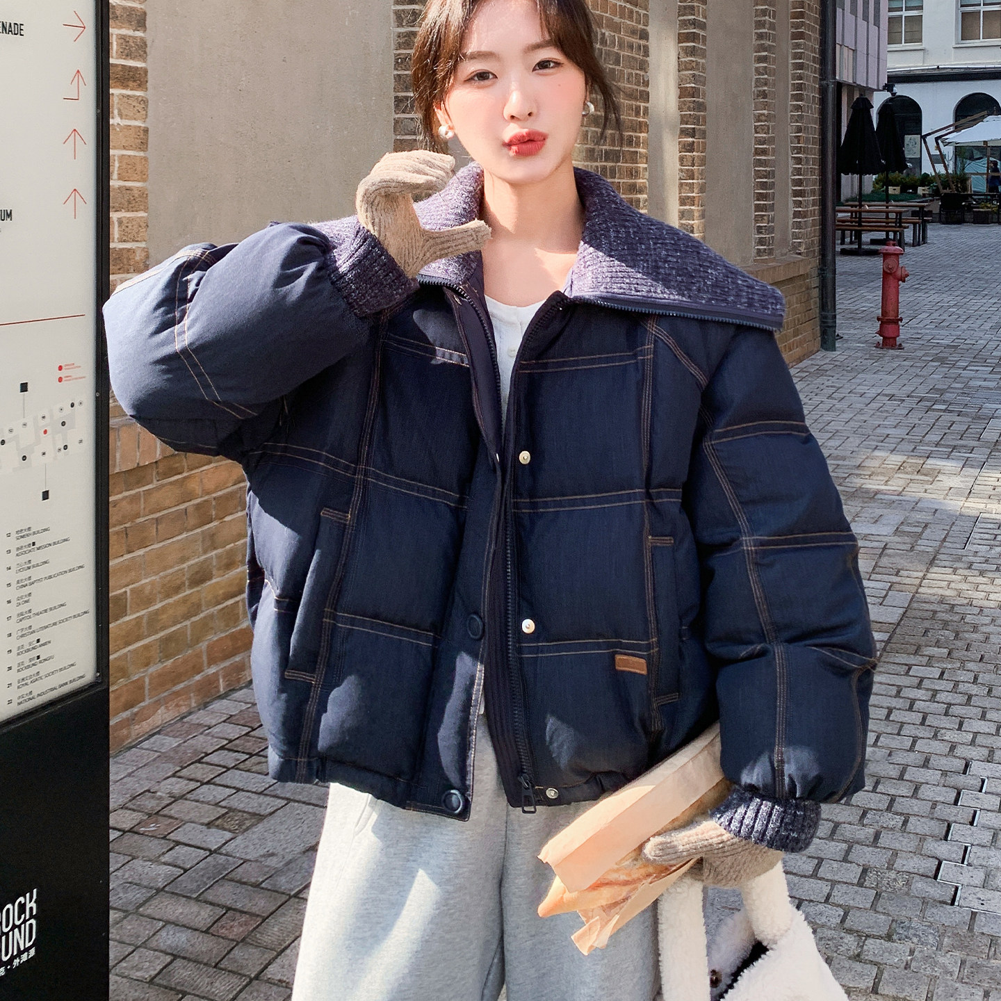 小香风针织羽绒拼接派克服女冬