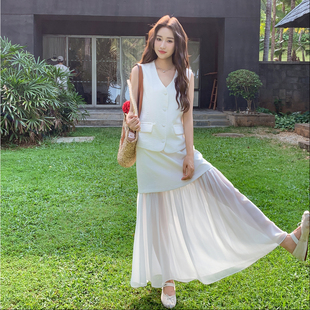白色高级感西装马甲网纱半身裙两件套女2026夏季新款气质显瘦套装