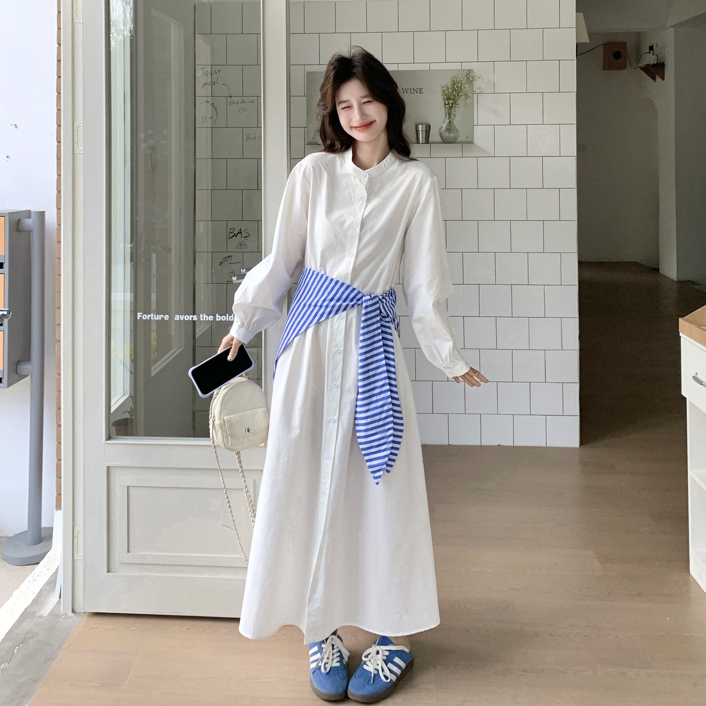 条纹披肩白色长袖衬衫裙女春季新品收腰显瘦连衣裙高级感温柔长裙