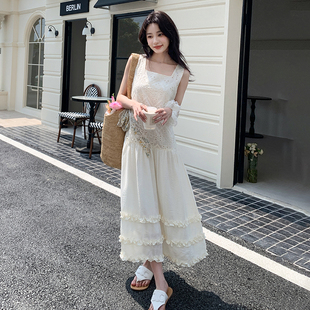 法式温柔风无袖刺绣连衣裙女2026春夏新款木耳边蛋糕裙小个子长裙