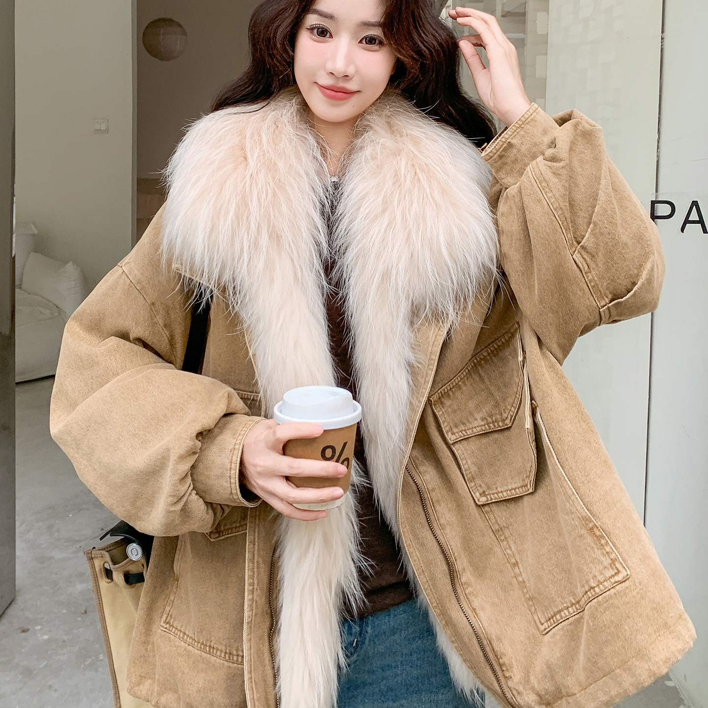 冬季大毛领加厚短款女派克羽绒服