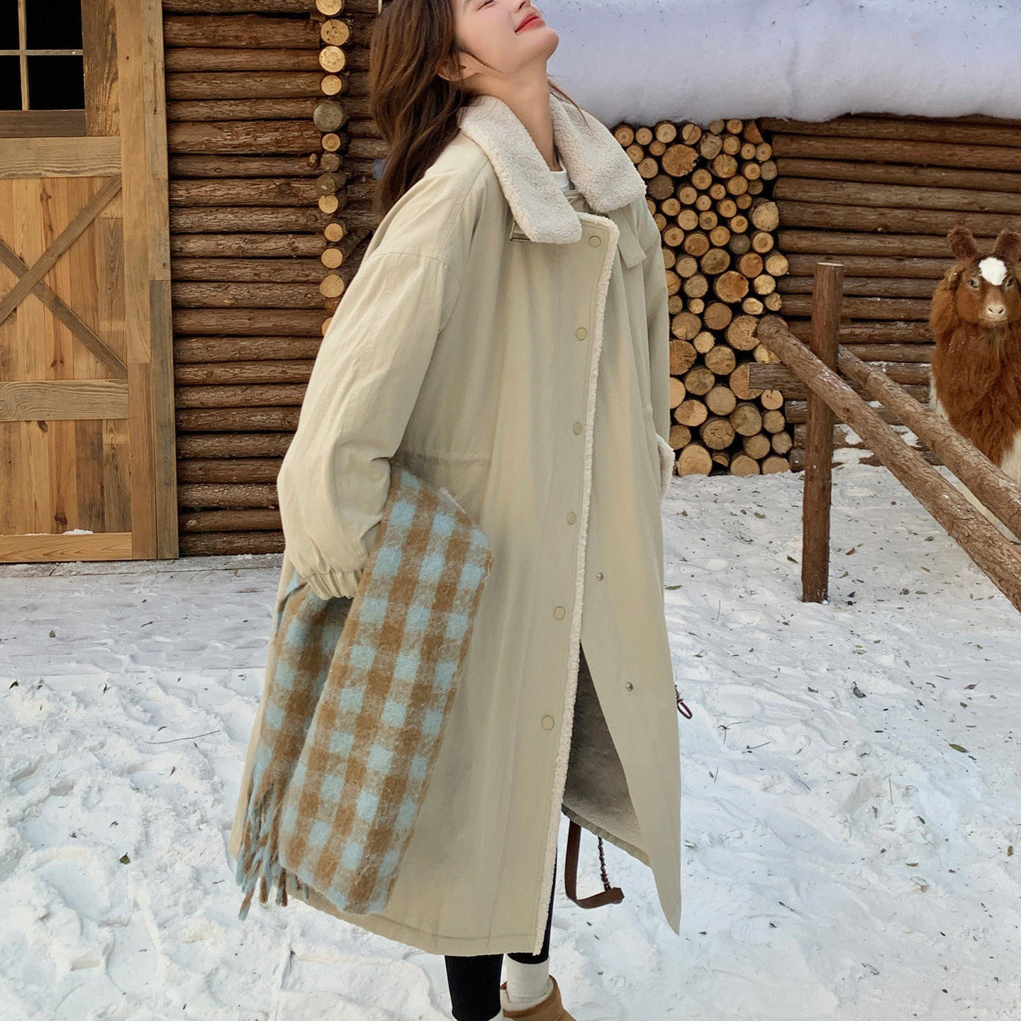 女冬加厚保暖羊羔毛领派克服