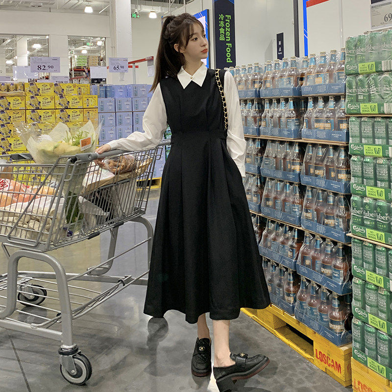 韩系学院风黑色连衣裙套装女2026春新款翻领衬衫收腰背心裙两件套