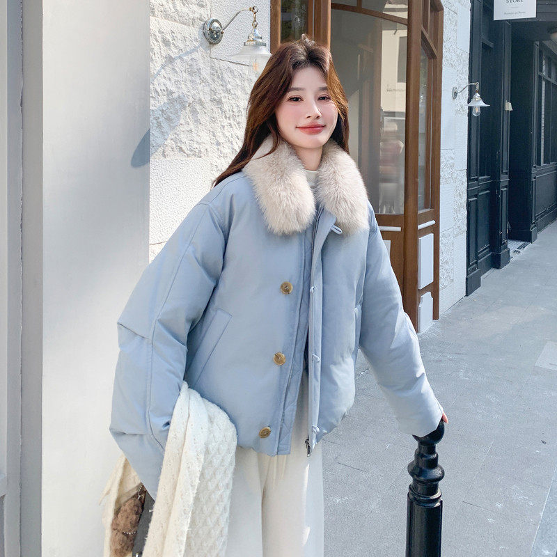 时尚爆款蓝色大毛领短款90绒羽绒服女冬季2025新款小个子加厚保暖