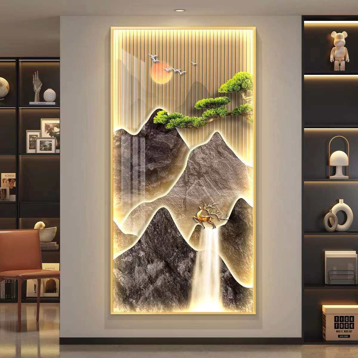 流水生财入户玄关装饰画过道走廊LED灯壁画新中式迎客松带灯挂画