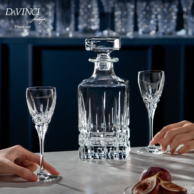 DAVINCI达芬奇进口 复古手工刻花烈酒威士忌水晶玻璃高脚杯