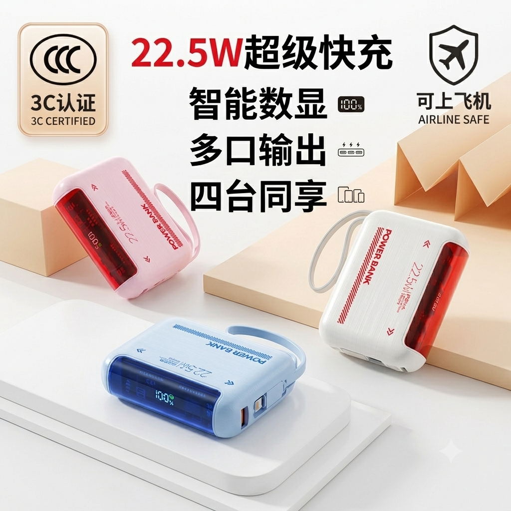 国家3C认证新款20000毫安22.5W超级快充充电宝便携自带线大容量