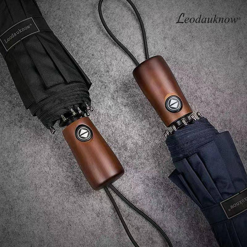 欧士多娜三折十骨自动折叠伞加大伞面结实抗风复古商务实木手柄