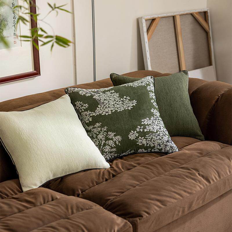 中古南洋风抱枕 法式燕麦奶茶色黑边复古绿客厅沙发腰靠枕