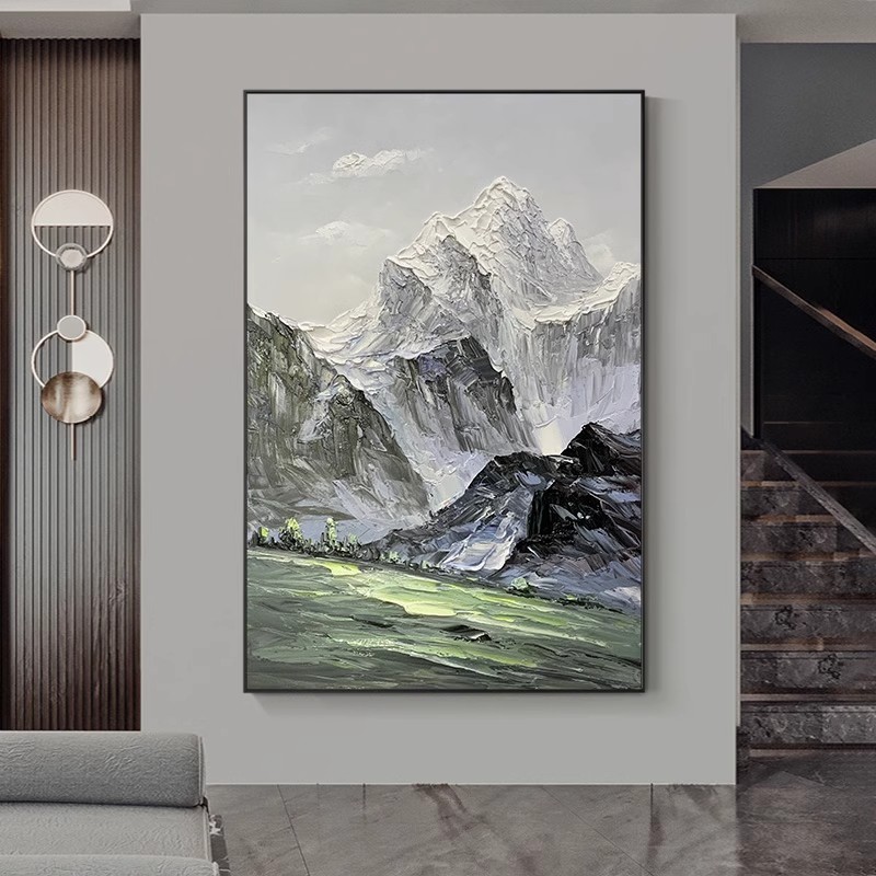 手绘油画入户玄关山水装饰画办公室简约抽象挂画中式雪山竖版壁画