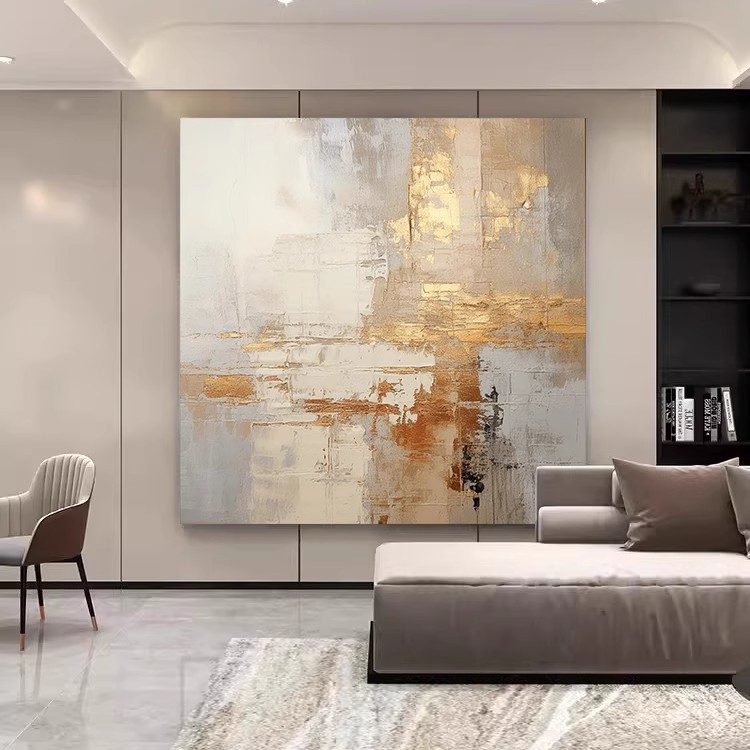 手绘油画《辉煌》轻奢方形餐厅挂画客厅玄关背景墙装饰画美式金箔
