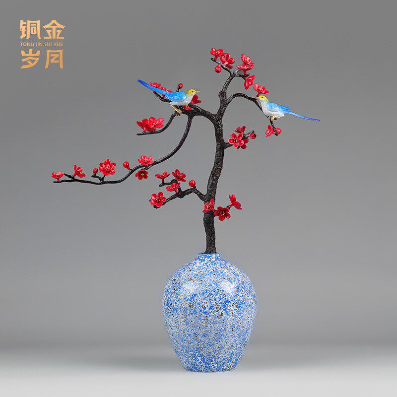 铜艺坊踏雪寻梅喜鹊梅花黄铜摆件花瓶插花客厅电视柜玄关家居摆件