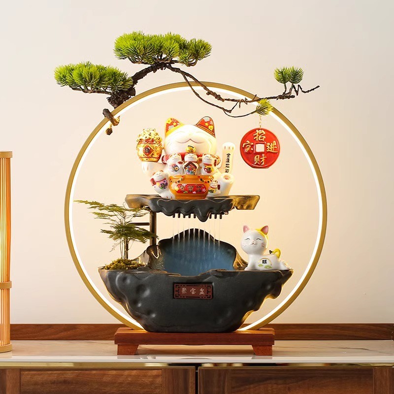 新中式流水生财摆件招财猫家居桌面店铺收银台前台乔迁开业礼品