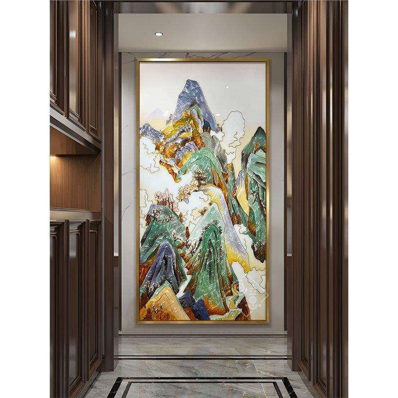 纯手绘玄关走廊珐琅彩装饰画中式山水壁画金属框餐厅挂画江山如画