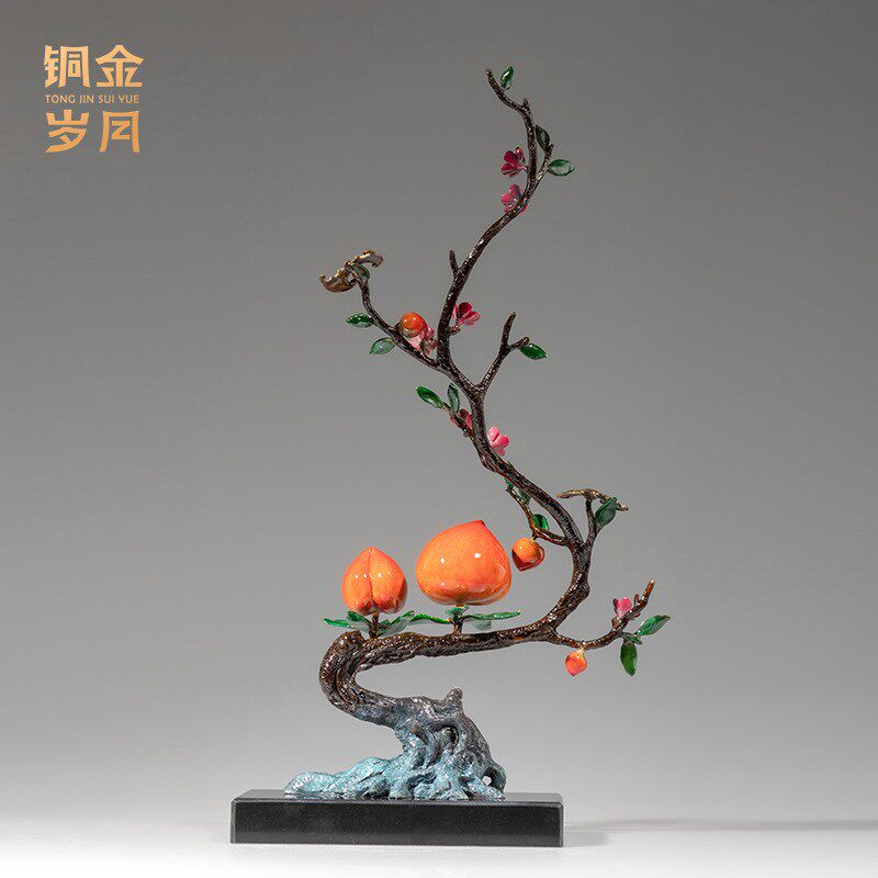铜艺坊多福多寿黄铜桃树桃子铜摆件新中式工艺品客厅玄关装饰摆件