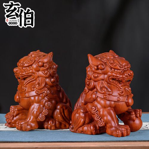 花梨实木雕刻狮子摆件一对瑞兽家居客厅办公室创意装饰摆设工艺品