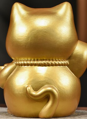 金色实木雕刻招财猫摆件家居客厅店铺前台收银台开业吉祥聚财装饰