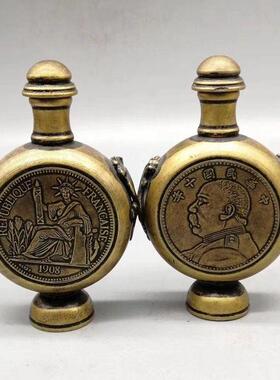 古玩杂项收藏仿古做旧老式鼻烟壶 自由女神袁大头图案桌面摆件