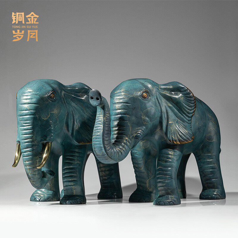 铜艺坊吉祥象彩铜摆件工艺品家居客厅展柜大象黄铜摆件开业送礼品