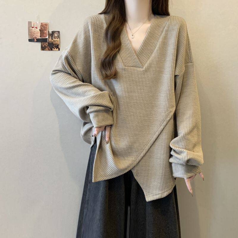 大码纹理感坑条交叉设计感长袖上衣女2025春秋新款宽松显瘦打底衫
