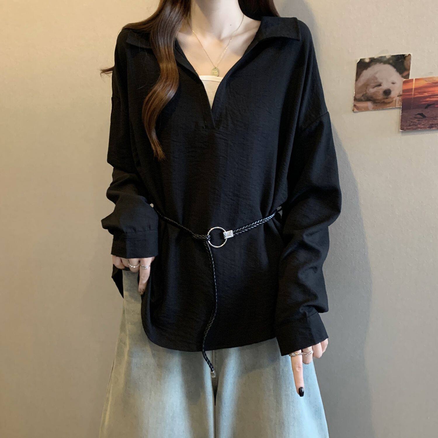 大码设计感V领正肩长袖打底衬衫女秋季新款胖mm宽松显瘦遮肚上衣