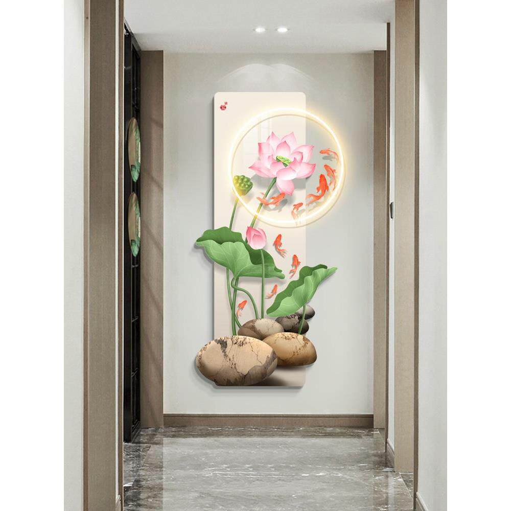 荷花入户玄关装饰画led氛围灯画新中式走廊过道壁画正对门竖版画