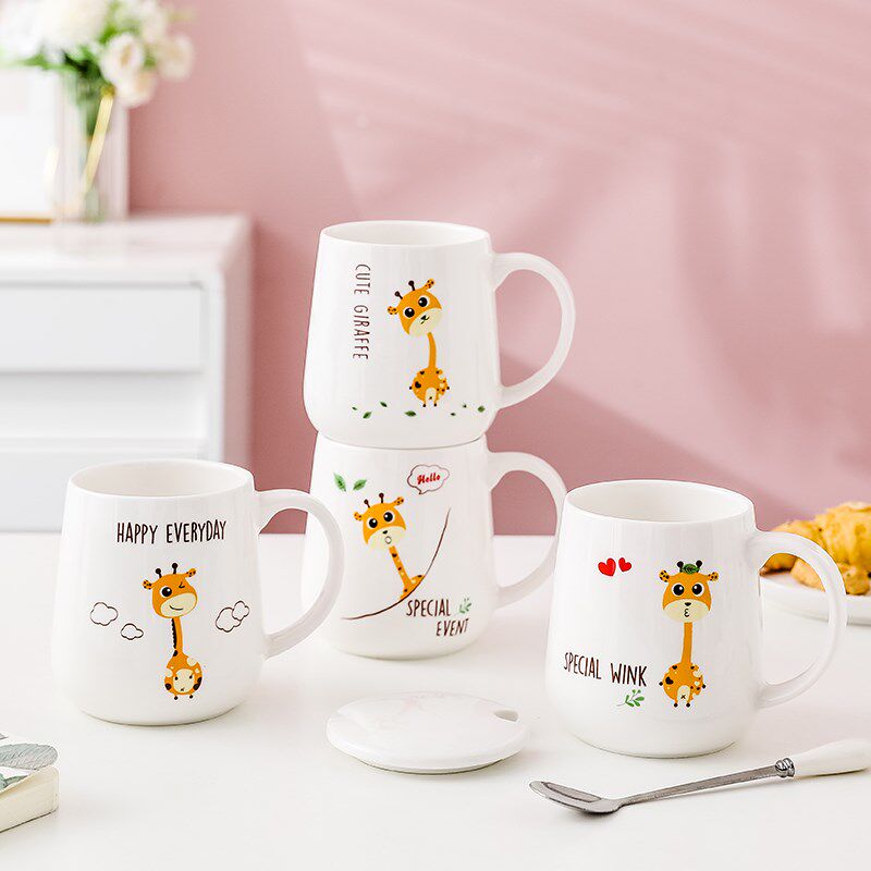 陶瓷小鹿水杯卡通可爱带盖勺早餐咖啡杯通用马克杯女生男生大容量