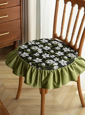 四季家用木耳边绿色m餐凳垫素色法式荷叶边绑带坐垫薄款可拆洗椅