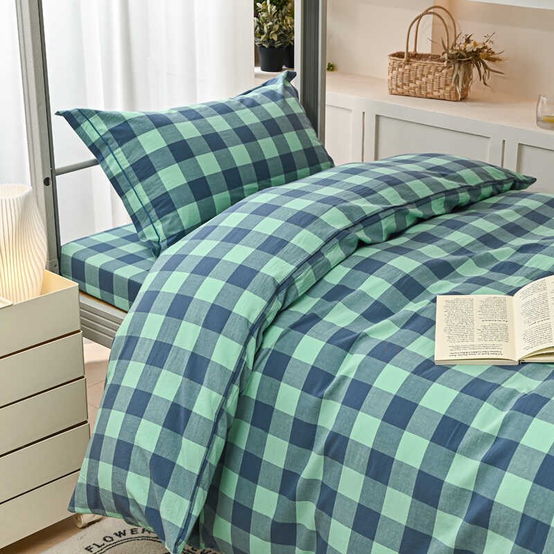 全棉水洗棉学生宿舍三件套简约格子纯棉被套床上用品单人床单被褥