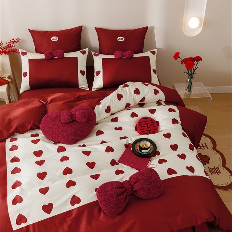 爱心浪漫婚庆四件套全棉100s长绒棉新婚喜庆纯棉被套结婚床上用品