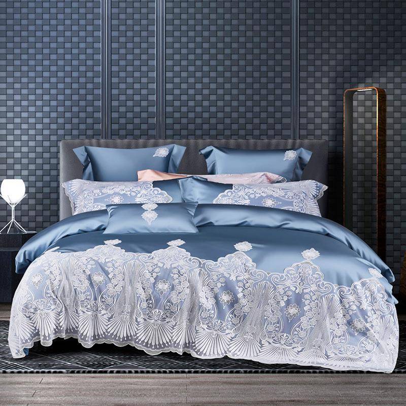 法式蕾丝轻奢真丝棉贡缎四件套欧式简约奢华别墅纯棉被套1.8m床品
