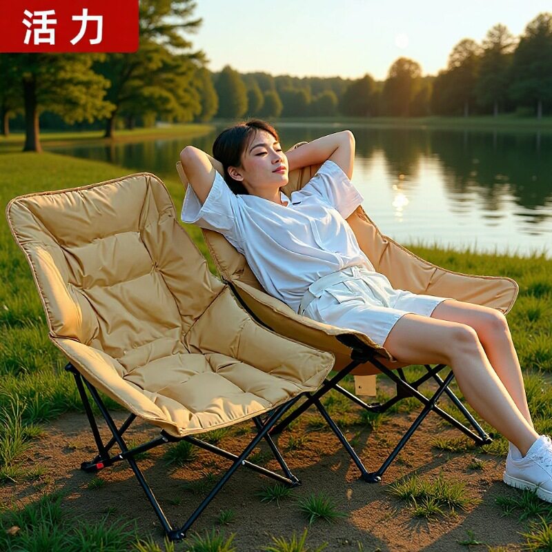 加棉月亮椅露营懒人沙发休闲沙滩可折叠午休可躺牛津布躺椅折叠椅