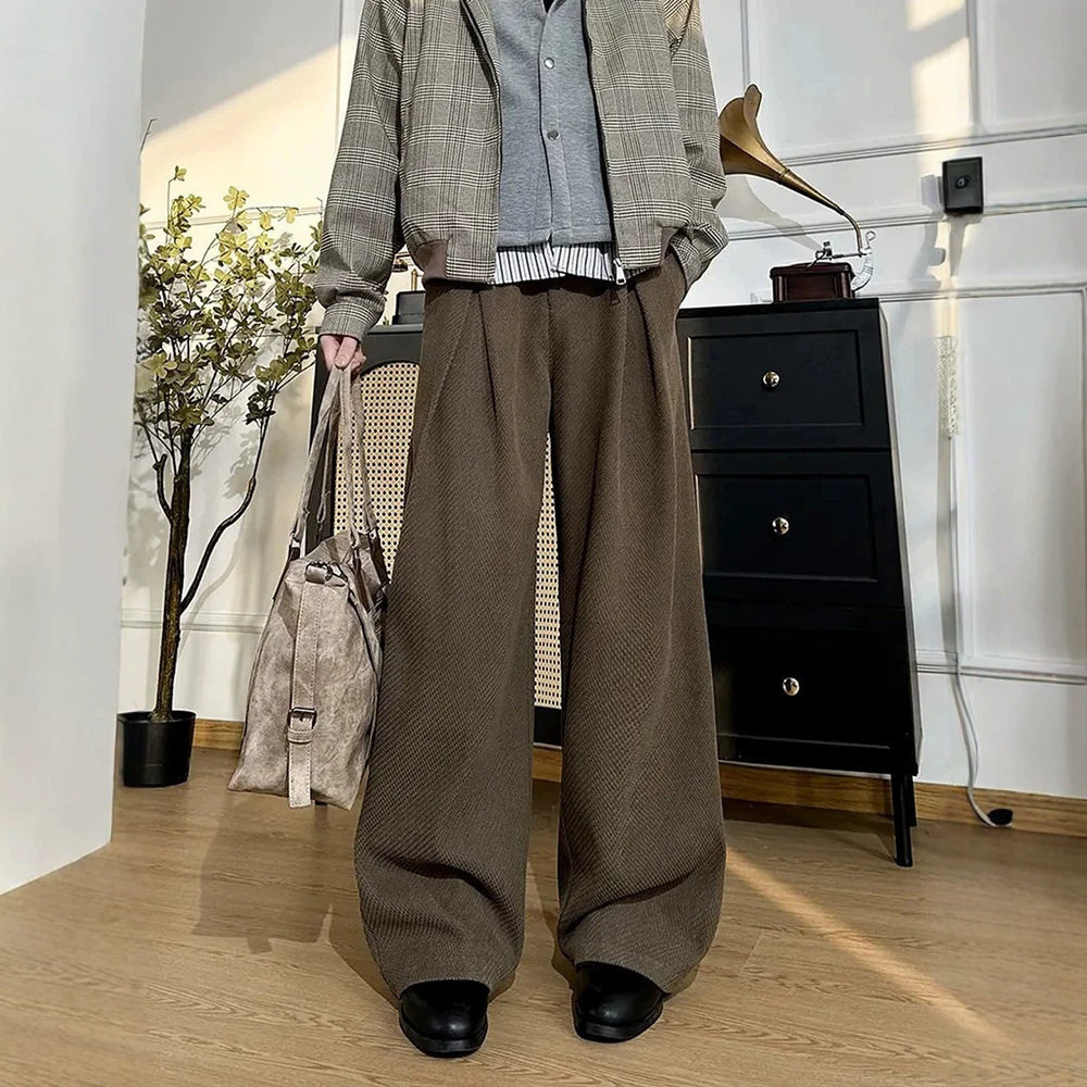 秋冬季cleanfit麦穗纹凡戴克棕老钱风休闲裤高级感男装加绒阔腿裤