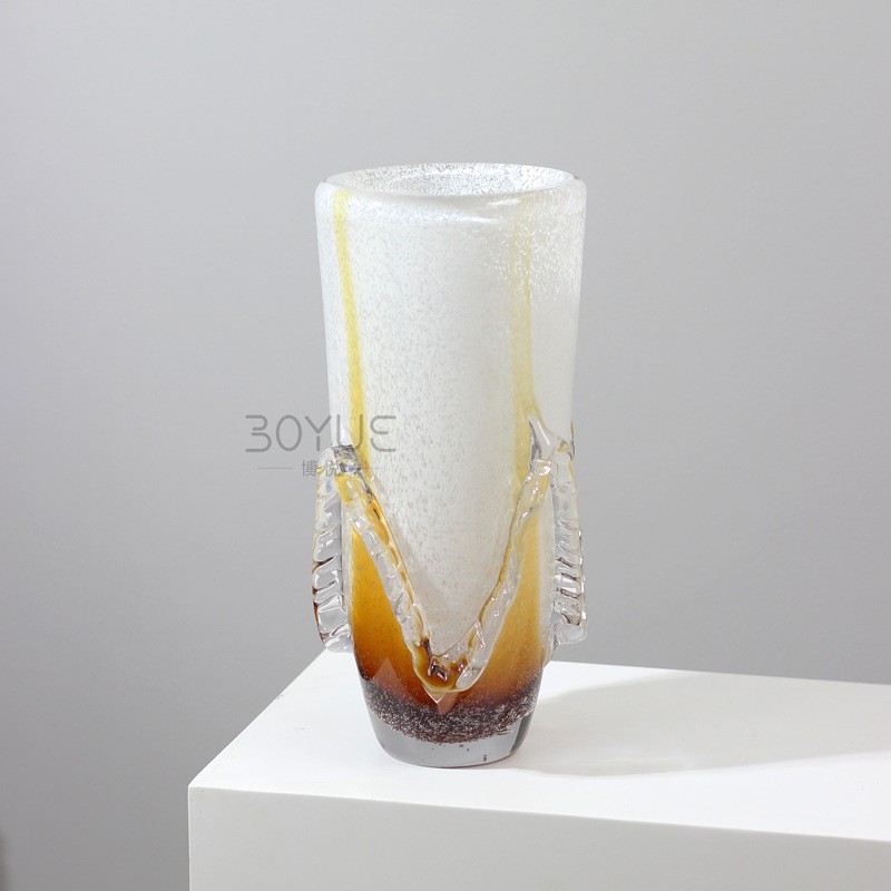 简约轻奢琥珀色裙边手工琉璃花瓶样板间客厅餐厅鲜花软装饰品摆件