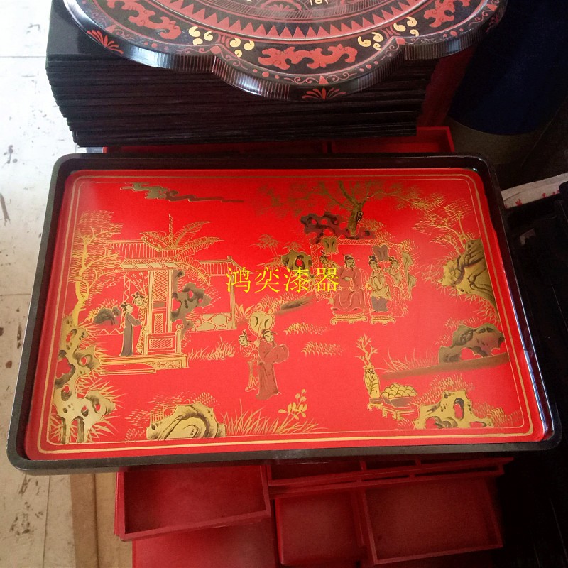 手工描金彩绘漆器红漆木托盘木质茶盘茶具收纳盘茶几摆盘欧式设计