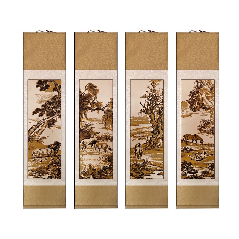 中国风特色四条屏山水画骏马图多层套色立体创新剪纸装饰画礼品