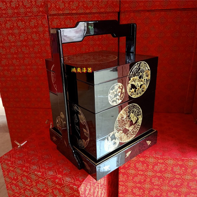 彩绘多层带盖漆器提篮食盒复古传统漆画工艺木质酒店餐盘提盒饰品