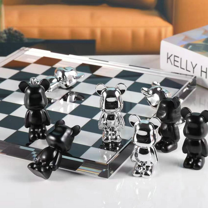现代轻奢创意水晶棋盘摆件暴力熊黑白棋子套装客厅书房软装饰礼品