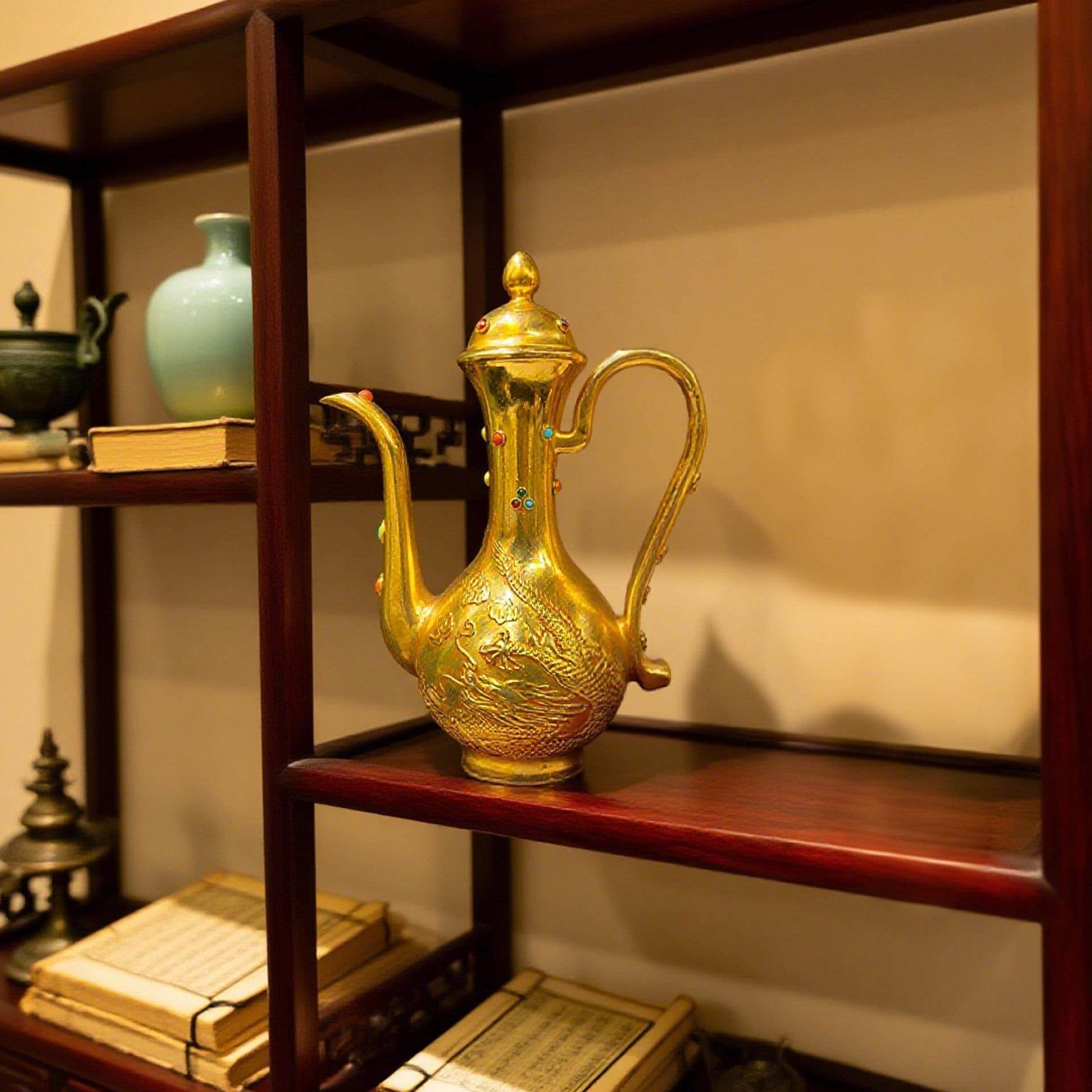 复古纯铜鎏金镶宝石仿金执酒壶 黄铜工艺品 文创市集仿古玩老物件