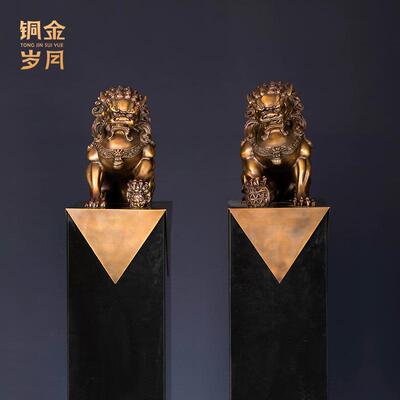 铜艺坊大宫门狮黄铜雕塑像办公室客厅瑞兽狮子黄铜工艺品铜器摆件